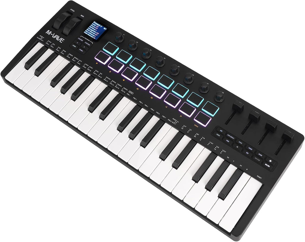 M-VAVE 37 Key USB MIDI Keyboard Controller With 16 Backlit Drum Pads, Bluetooth Semi Weighted Professional dynamic keybed 8 Knobs and Music Production,Software Included (37 Key Black)