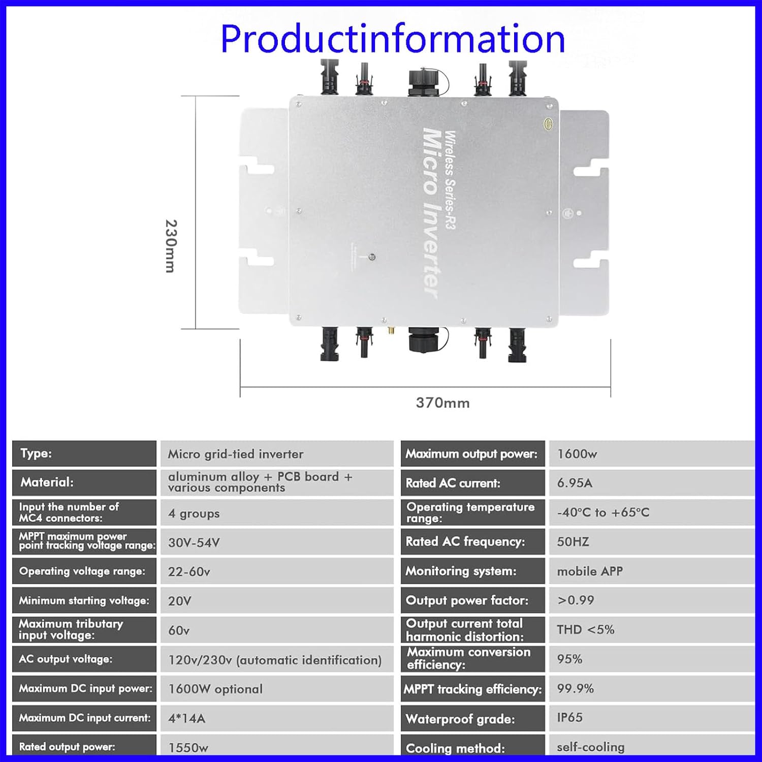 1600 Inverter for Your Solar Balcony Power Plant 1600W Intelligent Solar Inverter WiFi for Balcony Power Plant, PV Inverter for 2 Solar panels/IP67/App/MPPT