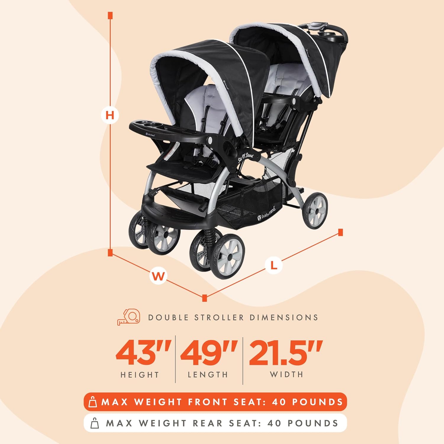 Baby Trend Double Infant and Toddler Stroller w/ Harness and Basket, Sit N' Stand, Stormy.