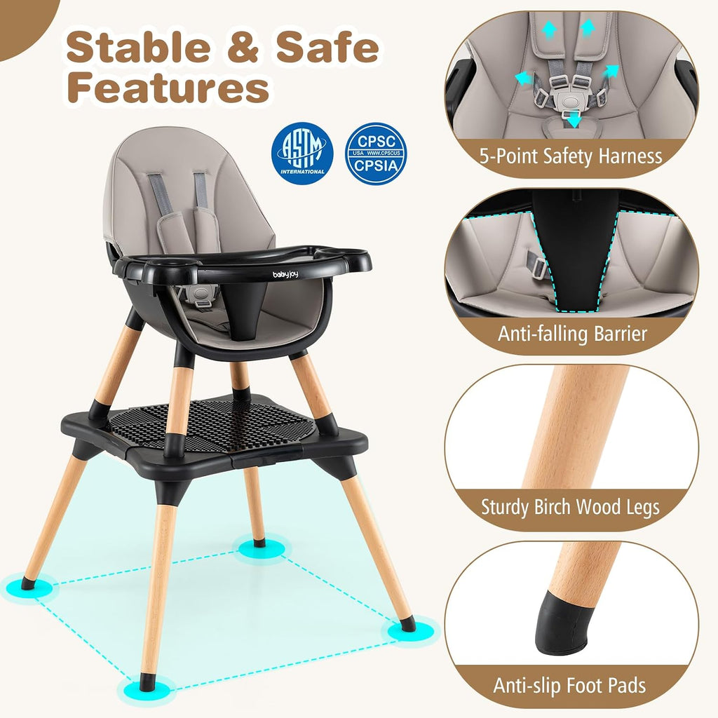 BABY JOY 6 in 1 High Chair, Convertible High Chairs for Babies and Toddlers/Booster Seat/Table and Chair Set, Infant Wooden Highchair w/ 5-Point Harness, 4-Position Removable Tray & PU Cushion (Black)