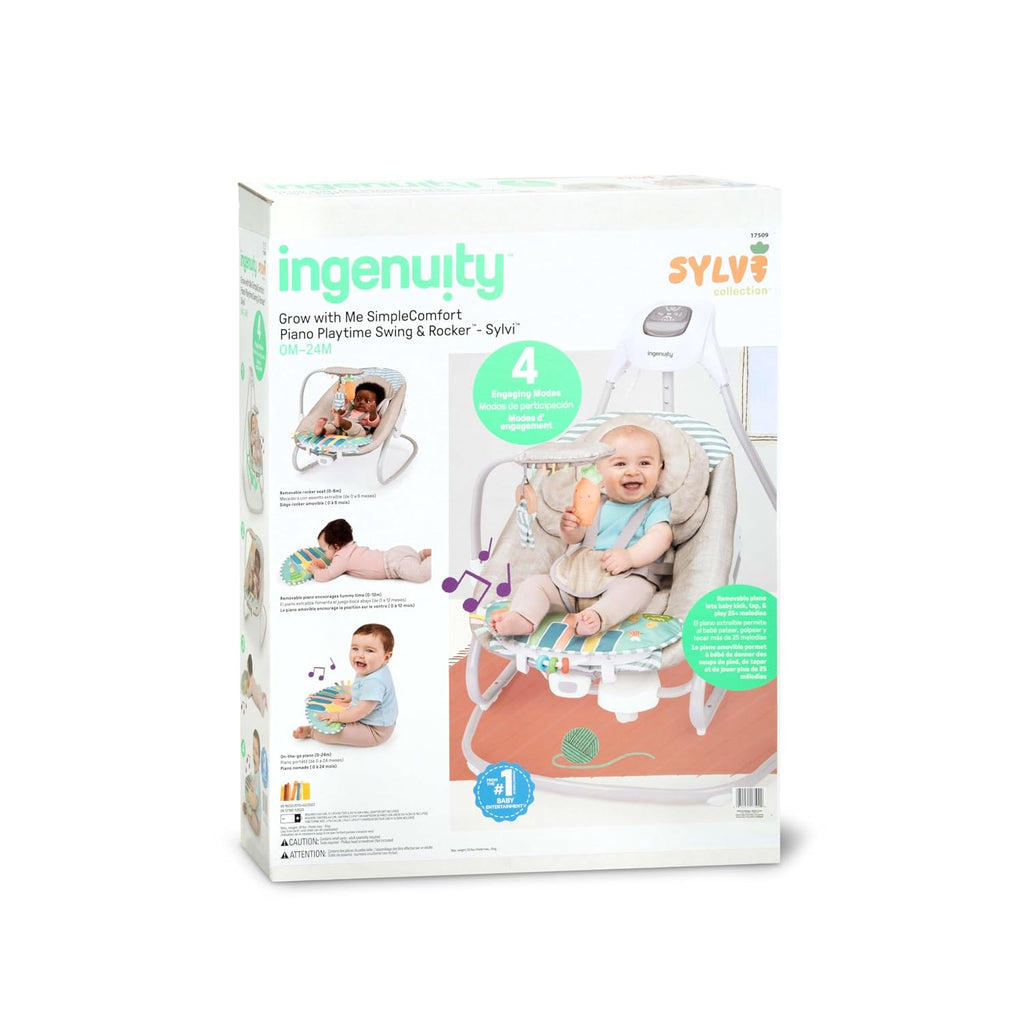 Ingenuity SimpleComfort Piano Playtime 4-in-1 Baby Swing & Rocker, Soothes & Grows with Baby, Rotating Seat Swings in 3 Directions, 6 Speeds & 12 Melodies, Removeable Rocker Seat, 0 Months to 2 Years
