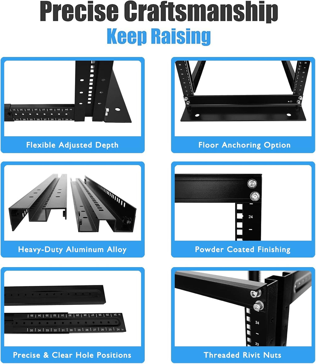 Raising ELECTRONIS 15U 4 Post Open Rack Frame Rack Enclosure 19 Inch Adjustable Depth Aluminum UL Certified