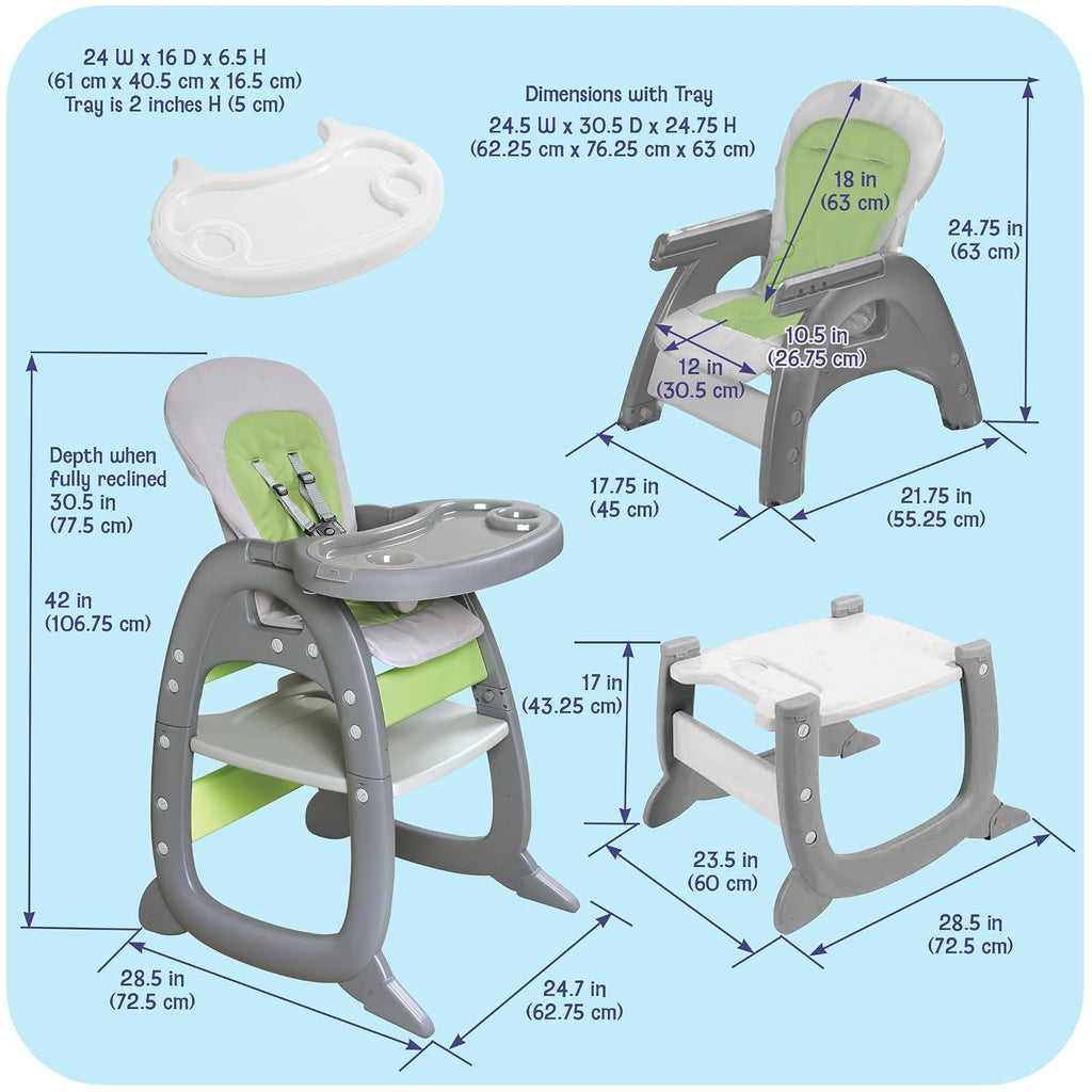 Badger Basket Envee II Convertible Baby High Chair with Infant Feeding Seat, Booster Seat, and Toddler Desk with Chair - Gray/Green