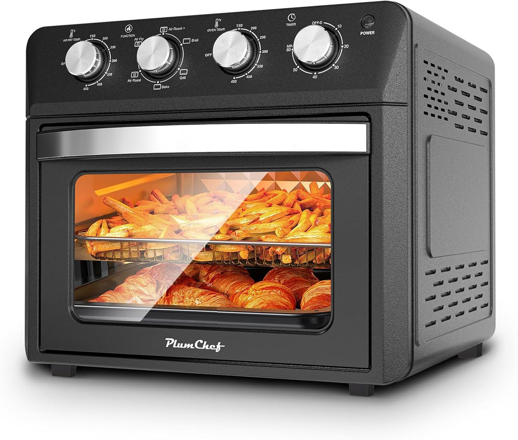 Plum chef 27.5QT 6-in-1 Air Fryer Toaster Oven Extra Large Dropdown-Door 6-Slice Convection Oven for Air Frying, Baking, Roasting, Broiling & Grilling, Stainless Steel Housing, Black