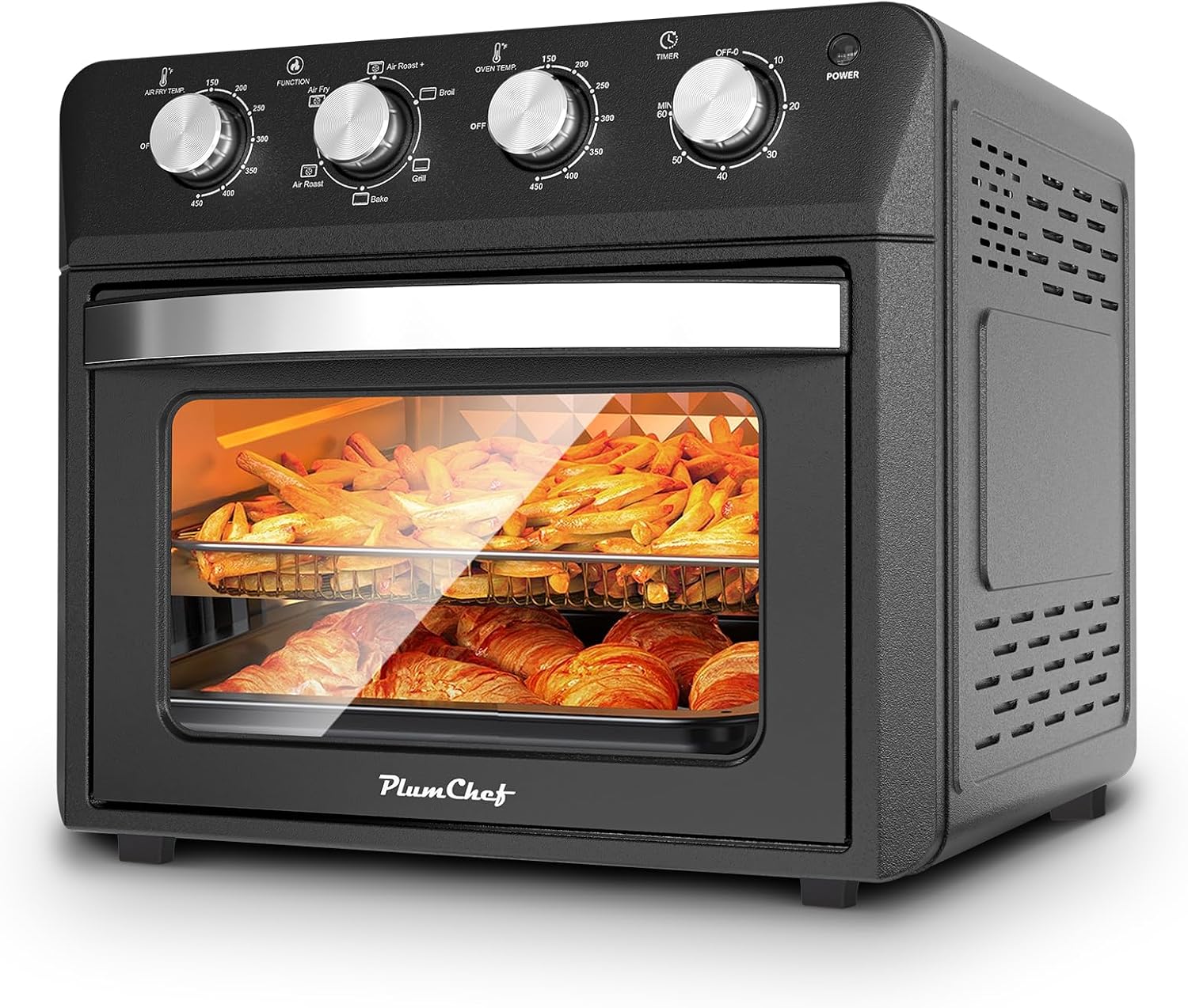 Plum chef 27.5QT 6-in-1 Air Fryer Toaster Oven Extra Large Dropdown-Door 6-Slice Convection Oven for Air Frying, Baking, Roasting, Broiling & Grilling, Stainless Steel Housing, Black
