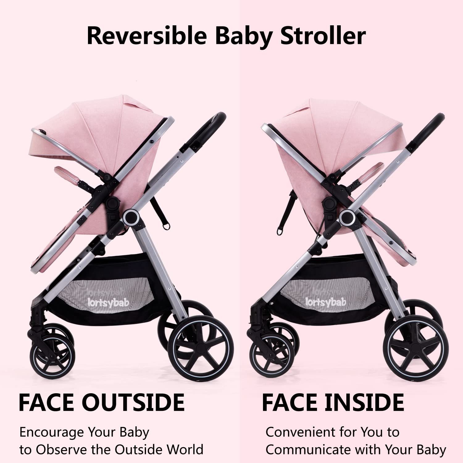 Lortsybab 2-in-1 Baby Stroller - Folding Infant Newborn Pram Stroller with Reversible Seat - Toddler Strollers for 0-36 Months Old Babies (Pink)