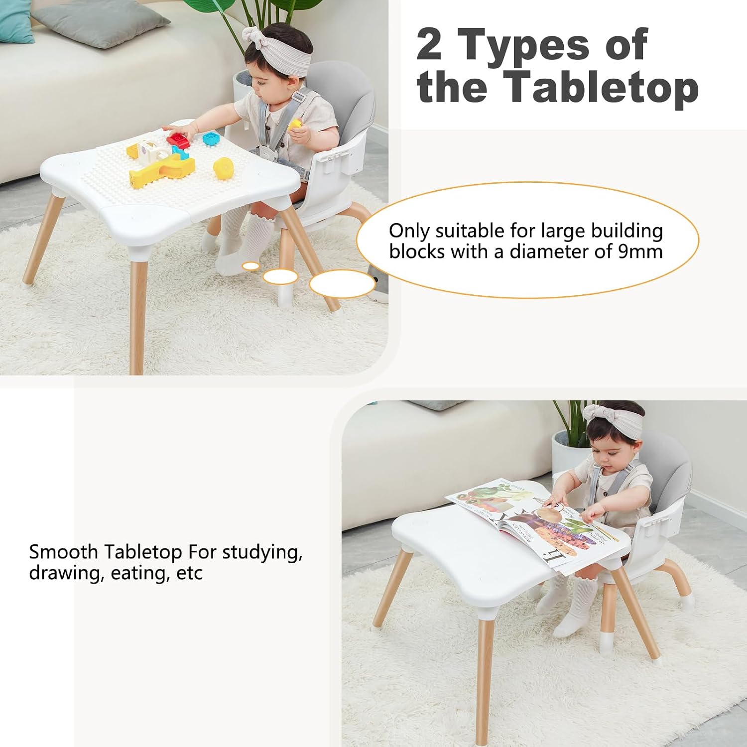 Baby High Chair, 7 in 1 Convertible High Chairs for Babies and Toddlers, Kids Learning Table, Building Block Table, Toddler Dining Chair with 360° Rotating Seat, 5-Point Safety Harness (Grey)