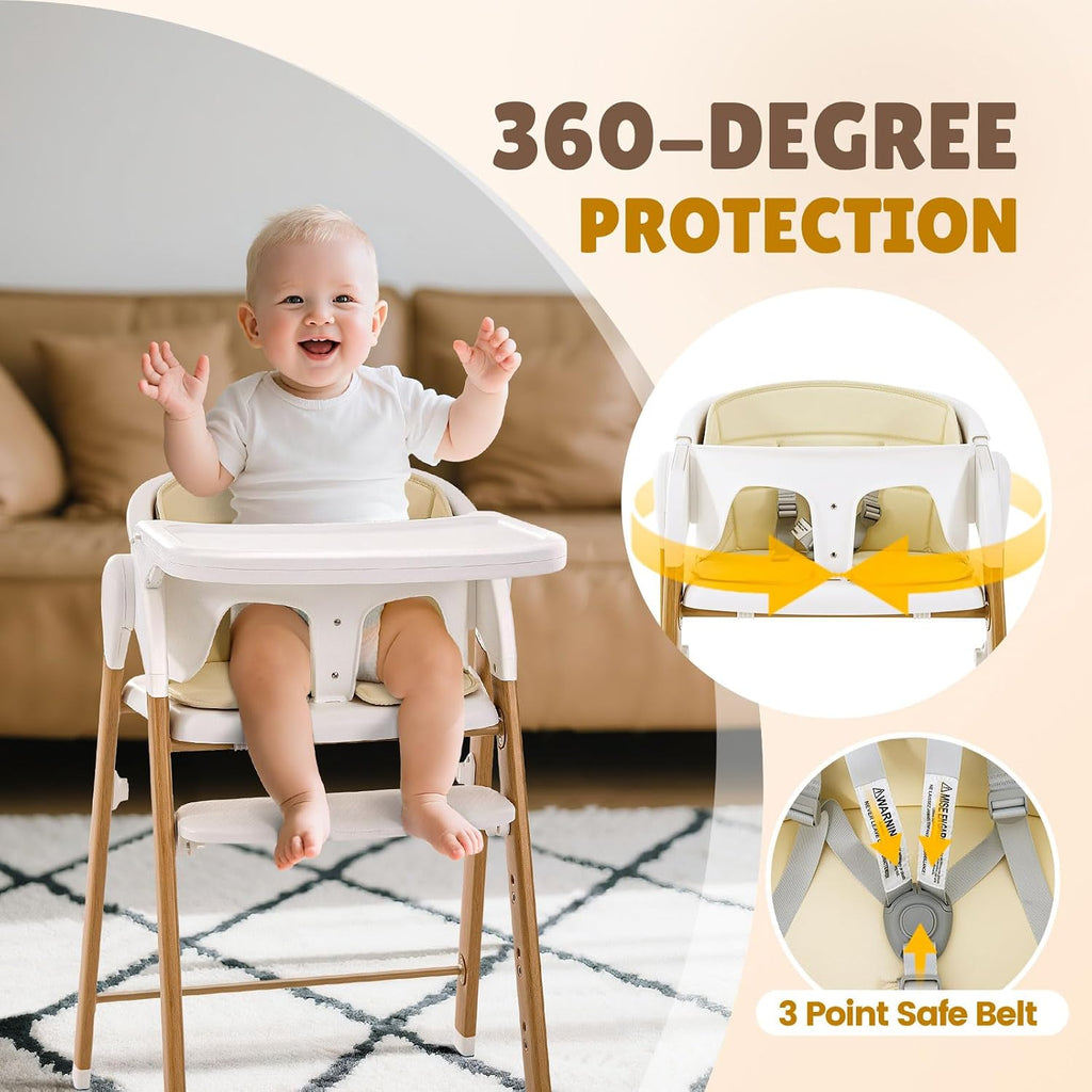 Convertible High Chairs for Babies & Toddlers. 5-in-1 Adjustable High Chair with Removable Tray, Easy to Clean, Portable (Khaki)