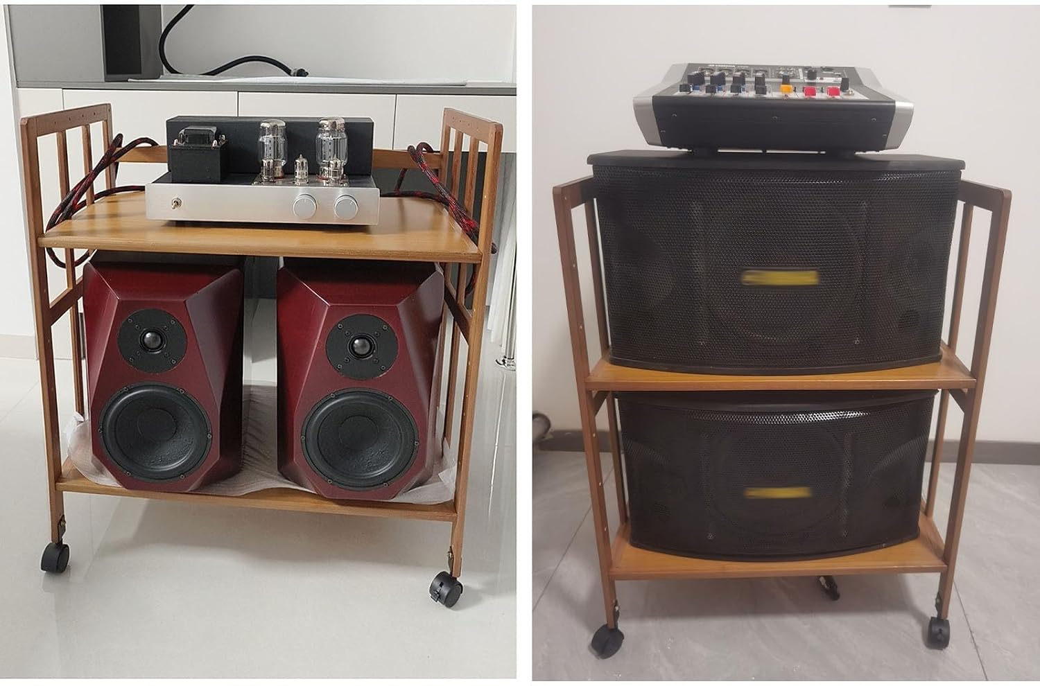 19 Inch Audio Rack Wood, 2 Tier Rolling Stereo Stand Cabinet with Height Adjustable Shelf, Heavy Duty AV Media Holder for Storage DVD Players/Game Console/TV Box(Natural,W 50 cm(19 5/7 in))