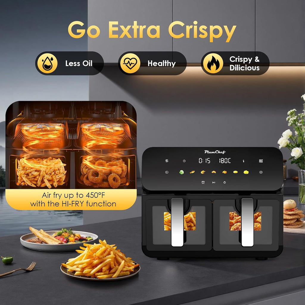 10QT Dual Air Fryer, Double Basket Air Fryer with 2×5QT Baskets, Digital Touchscreen Control, Easy-View Window, SyncCook Function, Cook 2 Dishes at Once for Family of 4-6, 1700W,Black