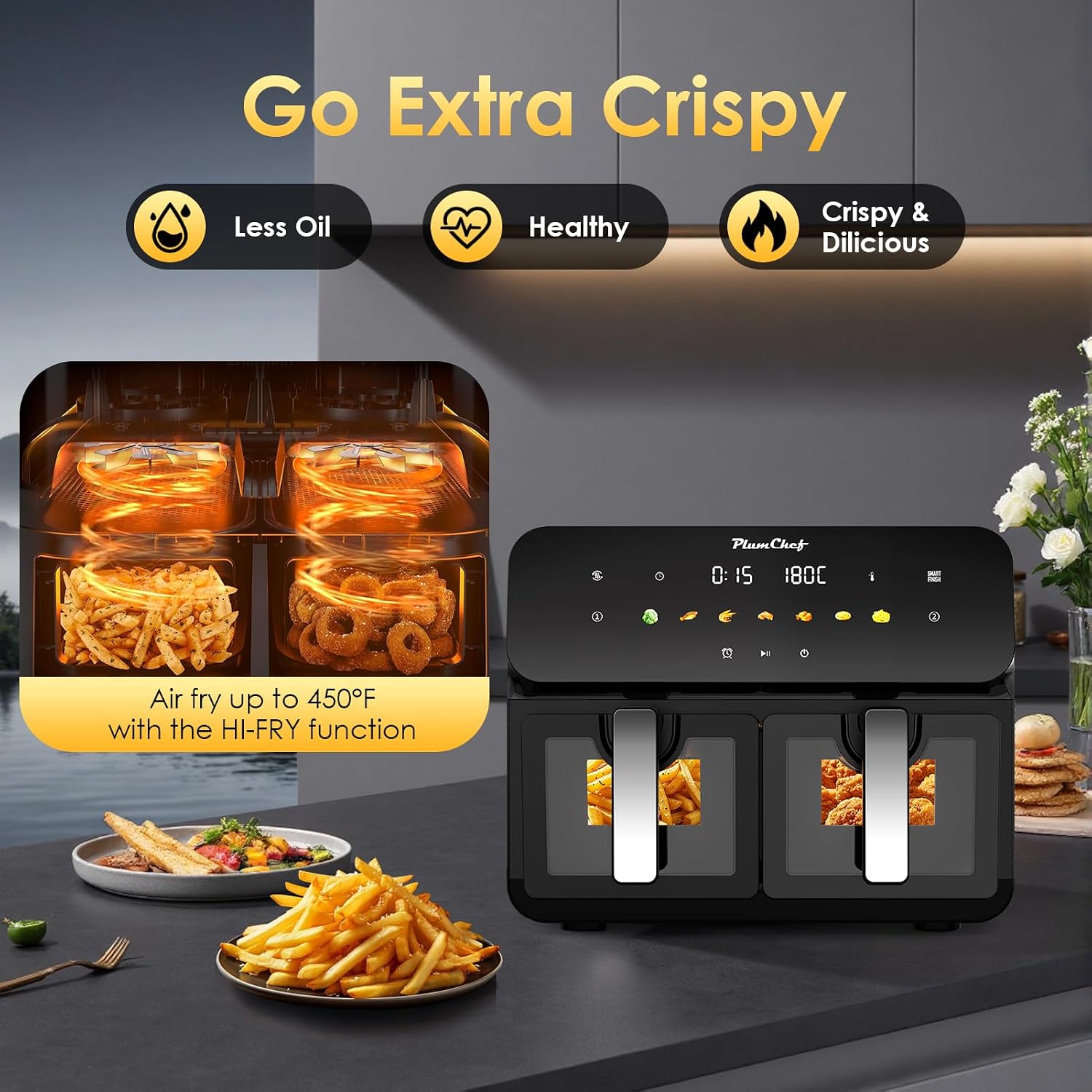 10QT Dual Air Fryer, Double Basket Air Fryer with 2×5QT Baskets, Digital Touchscreen Control, Easy-View Window, SyncCook Function, Cook 2 Dishes at Once for Family of 4-6, 1700W,Black