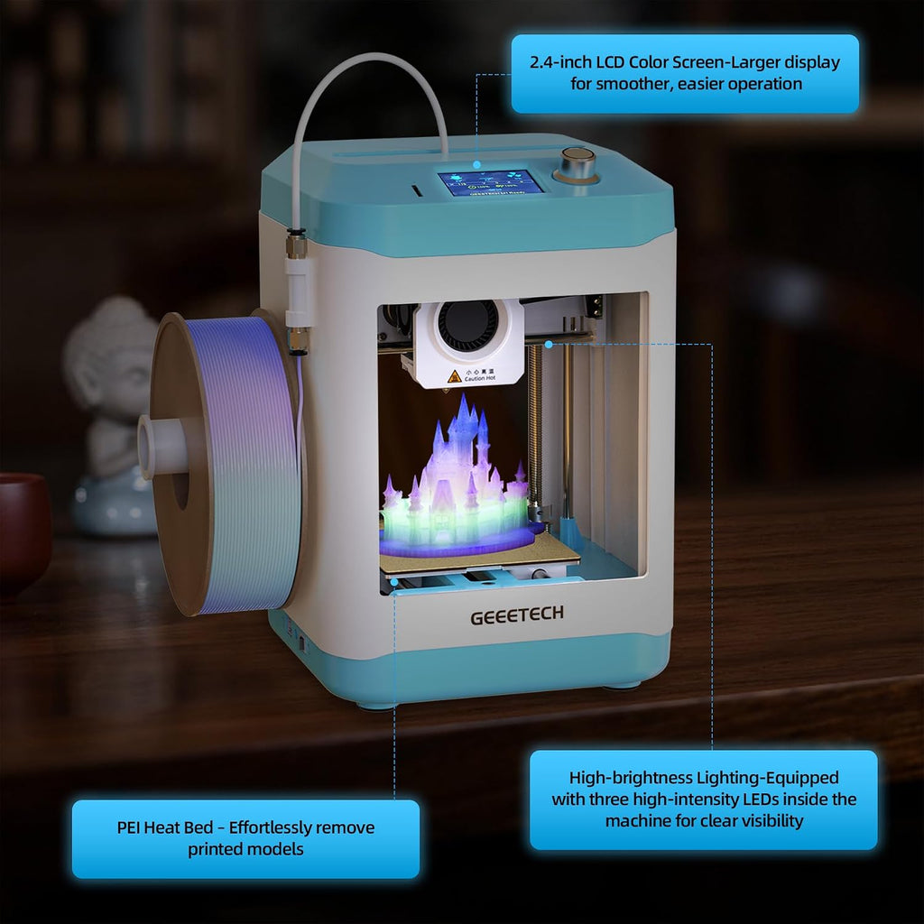 Geeetech 3D Printer for Kids & Beginners, High-Speed Smart Mini 3D Printer with Filament, Wi-Fi & App Control, Auto-Leveling, Fully Assembled STEM Learning Tool, 3.94x4.33x3.94in Print Size