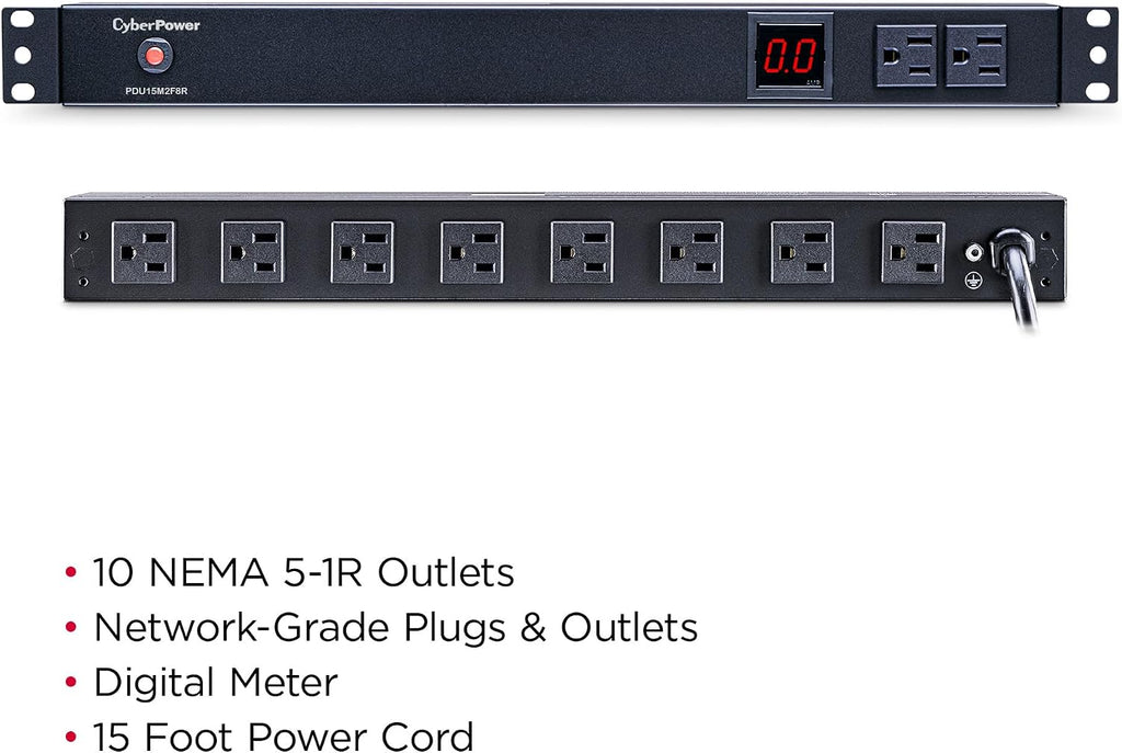 CyberPower PDU15M2F8R Metered PDU, 100-125V/15A (Derated to 12A), 10 Outlets, 1U Rackmount, 15 Foot Power Cord