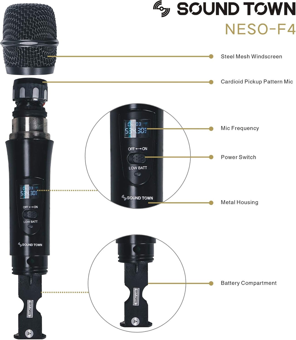 Sound Town 4 Channels Professional UHF Wireless Microphone System with Rack Mountable Metal Receiver and 4 Handheld Mics, for Church, School, Outdoor Wedding, Meeting, Party and Karaoke
