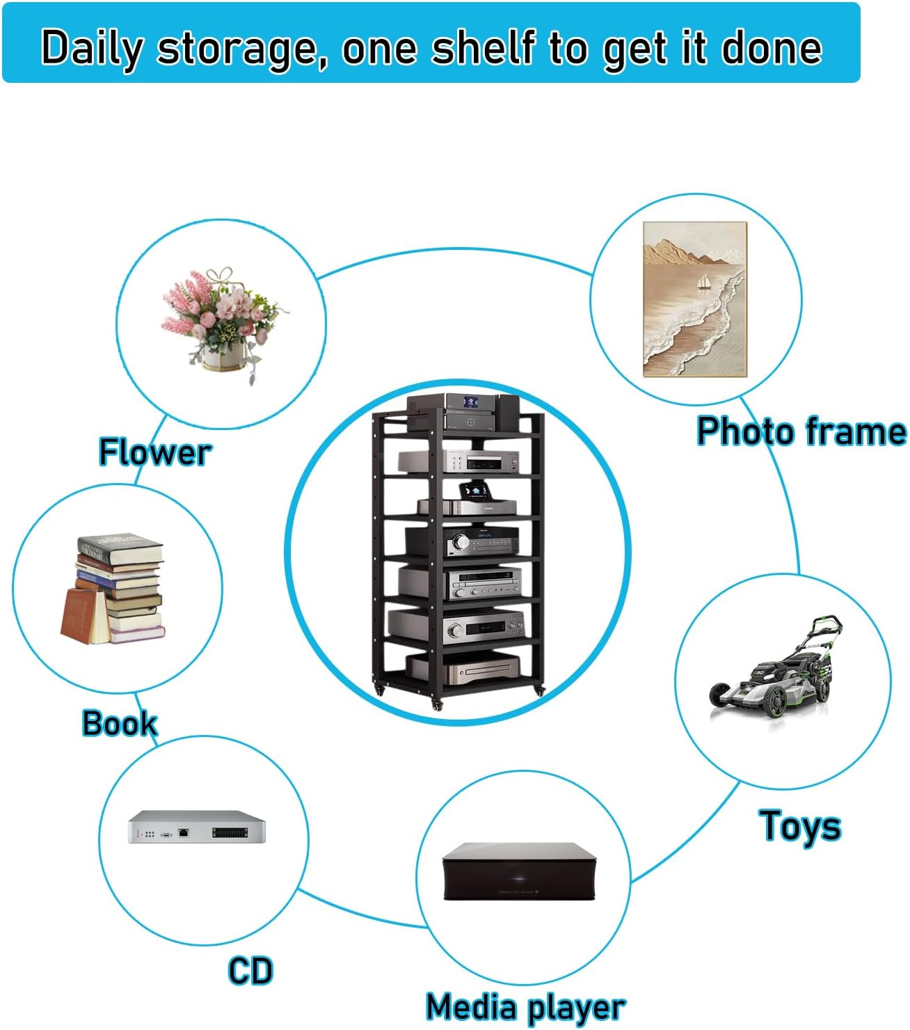 7 Tier Audio Rack Tower, CD Record Player Stereo Receiver AV Equipment Cabinet Display Rack, Weight Capacity 661 lbs, with Adjustable Wooden Shelves for Home (7 Tier Black)