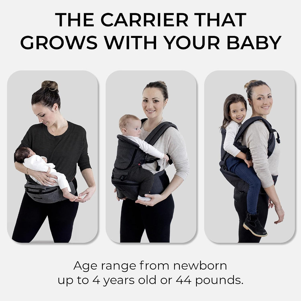 MiaMily Ergonomic Hip Seat Baby Carrier, 6 Carry Positions, Newborn to Toddler, Lumbar Support, Adjustable Waist Belt, Hipster Plus, Charcoal Grey