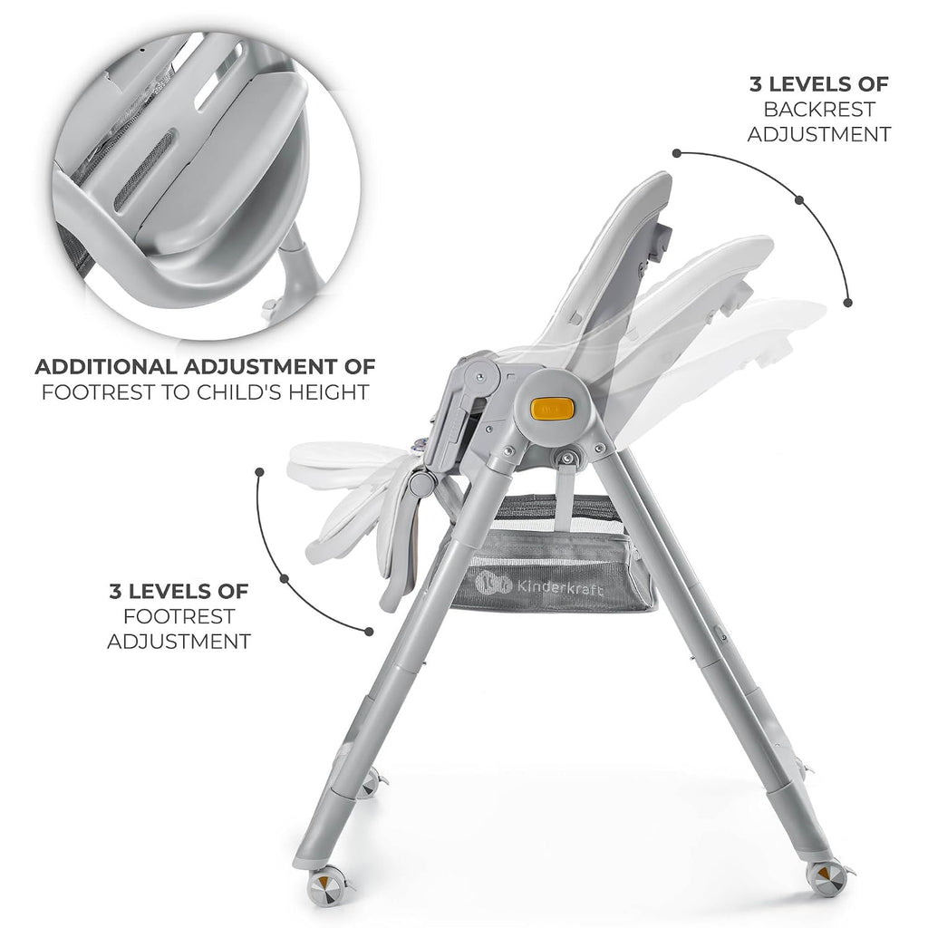 Kinderkraft LASTREE Foldable Baby High Chair for Babies and Toddlers with Reclining Function, Play Bar, Adjustable Tray and Footrest in Grey