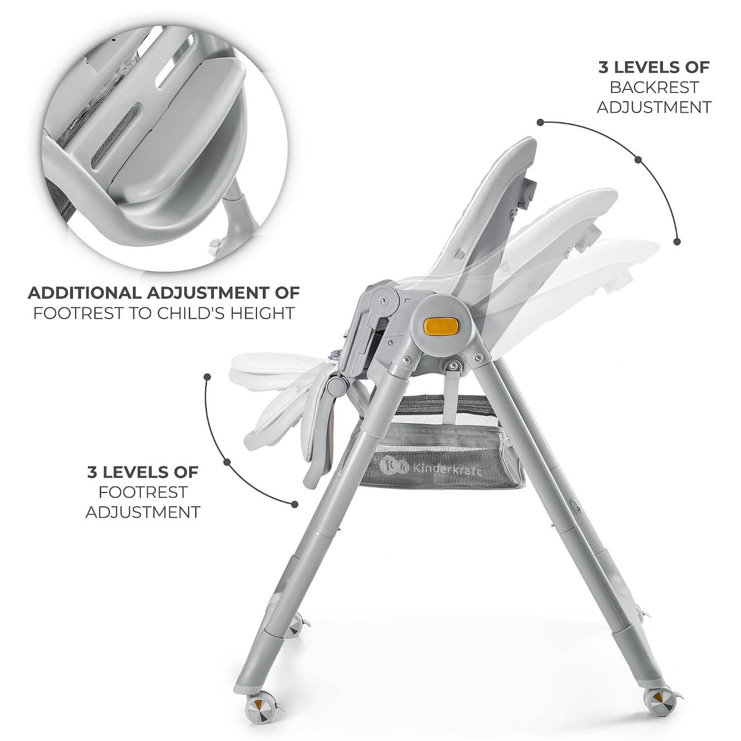 Kinderkraft LASTREE Foldable Baby High Chair for Babies and Toddlers with Reclining Function, Play Bar, Adjustable Tray and Footrest in Grey