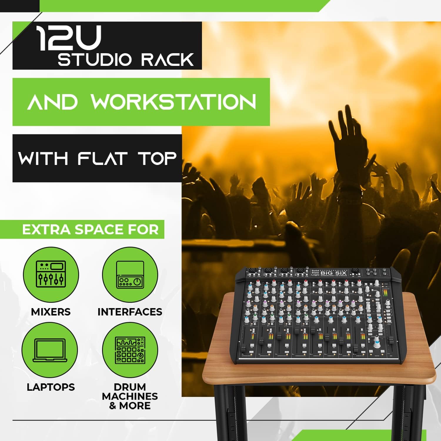 GEARit 12U Audio Rack With Flat Top for 19' Studio Gear, AV Equipment, Server Racks and More - Metal Construction, Oak Desktop Finish