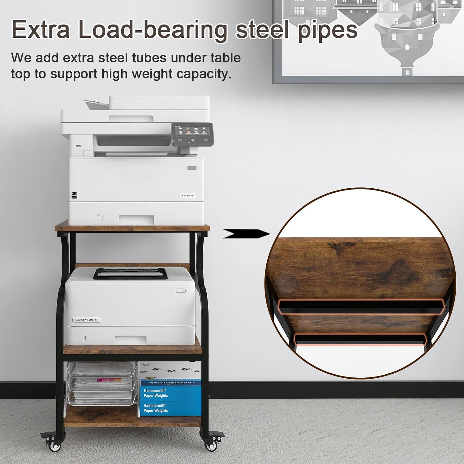 Natwind Large 3-Tier Rolling Printer Cart with Adjustable Shelf, 24'x20' Mobile Stand for Heat Press, 3D Printer, Home Office Multifunctional Shelves with Locking Wheels (Retro)