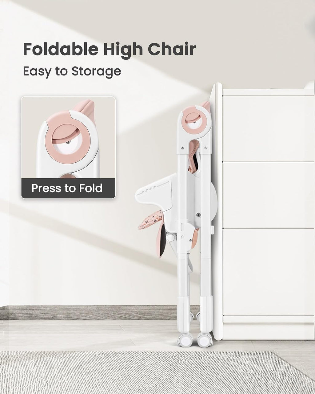 Babilous Foldable High Chair with Soft Cushion, High Chairs for Babies and Toddlers, Height Adjustable Feeding Chair, Adjustable Backrest and Footrest, Lockable Wheels, Star Pink