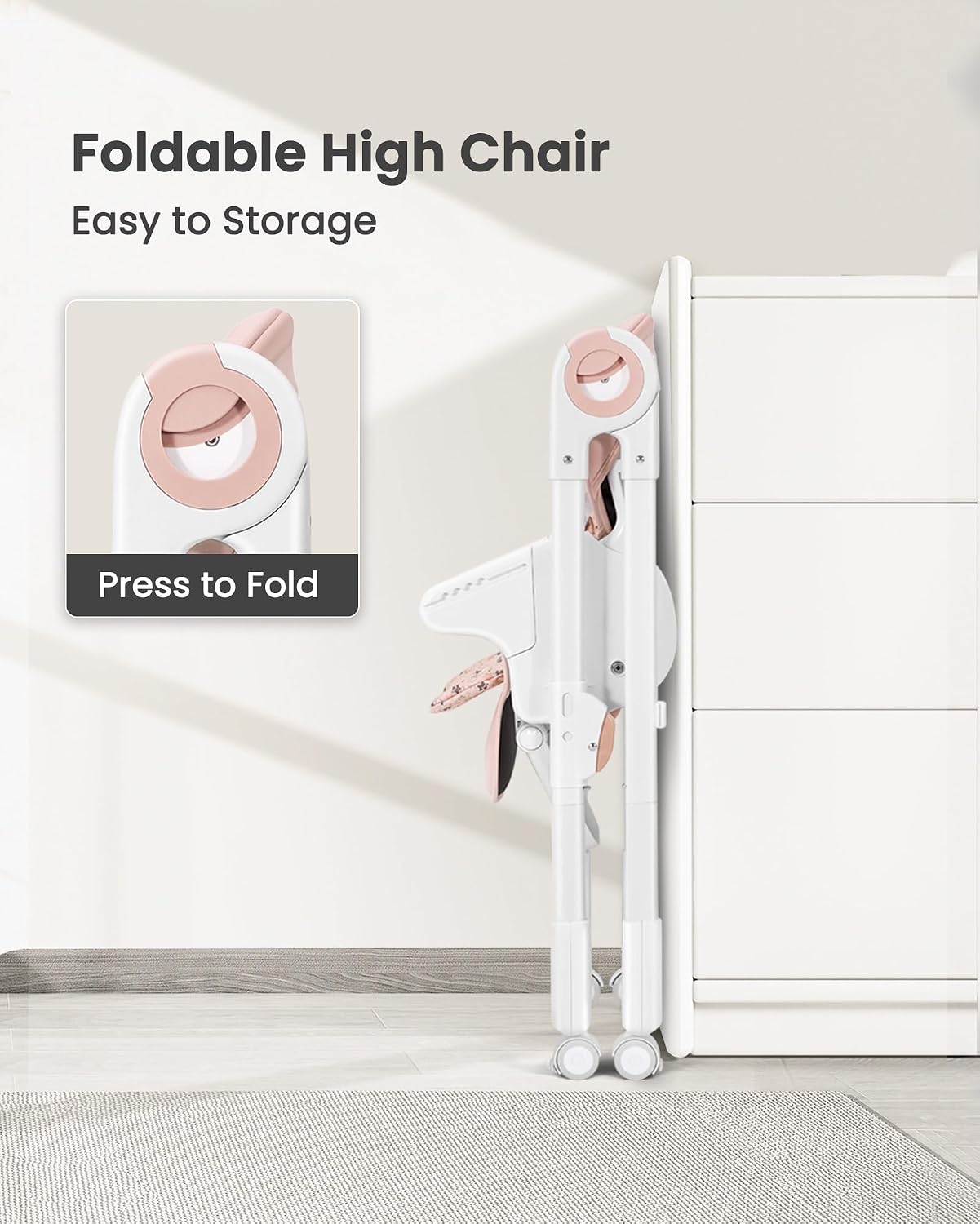 Babilous Foldable High Chair with Soft Cushion, High Chairs for Babies and Toddlers, Height Adjustable Feeding Chair, Adjustable Backrest and Footrest, Lockable Wheels, Star Pink