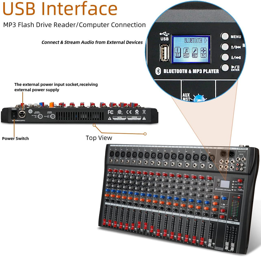 Depensheng DX16 DJ Sound Controller Interface w/USB Drive for Computer Recording 16-Channel Studio Audio Mixer - XLR Microphone Jack, 48V Power, RCA Input/Output for Professional and Beginners