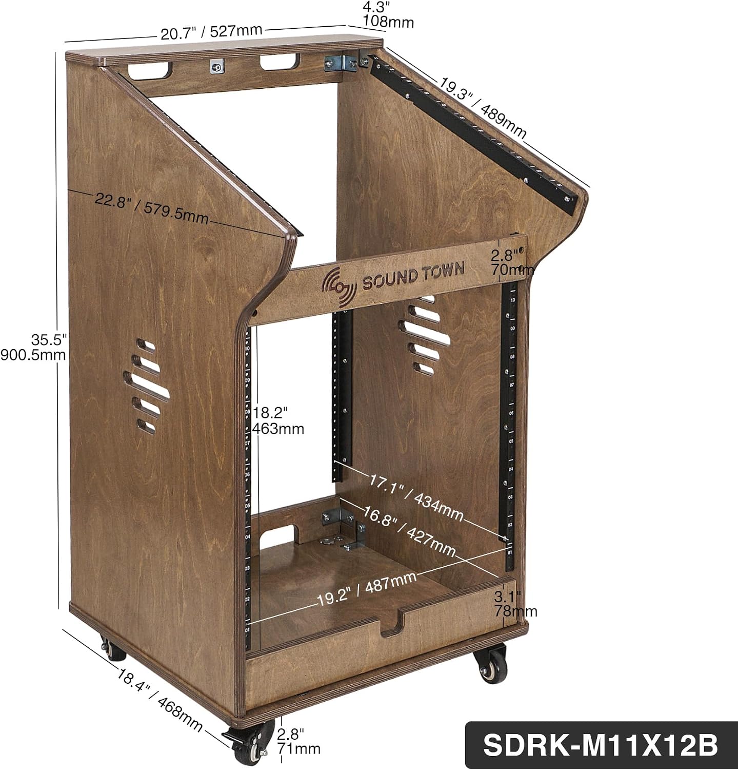 Sound Town DIY Studio Rack with 11U Slant Mixer Top, 10U Front Rack, 2U Bottom Storage, Casters, Rubber Feet, Baltic Plywood, Weathered Brown (SDRK-M11X12B)