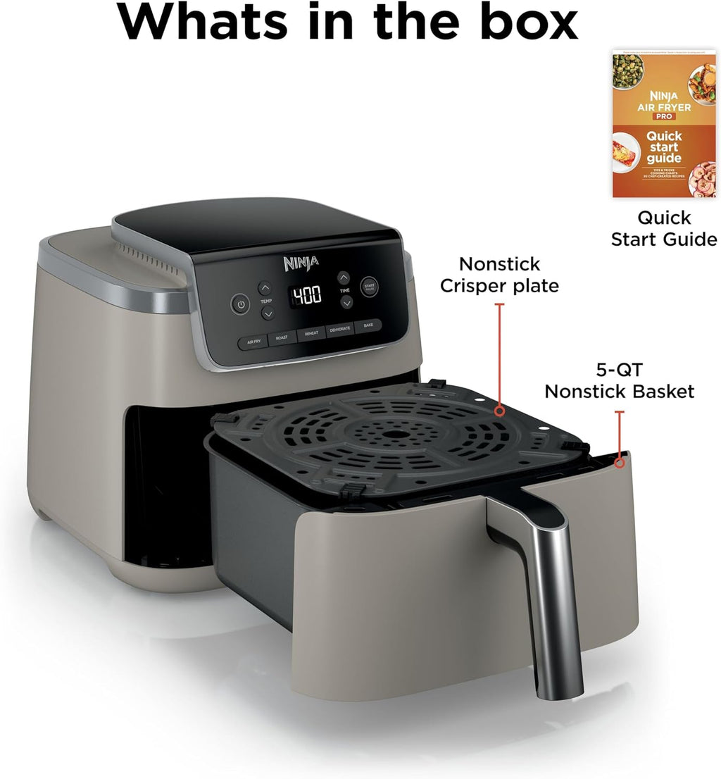 Ninja Air Fryer Pro 5-in-1 | 5 QT Capacity, Air Fry, Bake, Roast, Reheat, and Dehydrate, Air Crisp Technology | Nonstick Basket & Crisper Plate | Stone | AF142SD