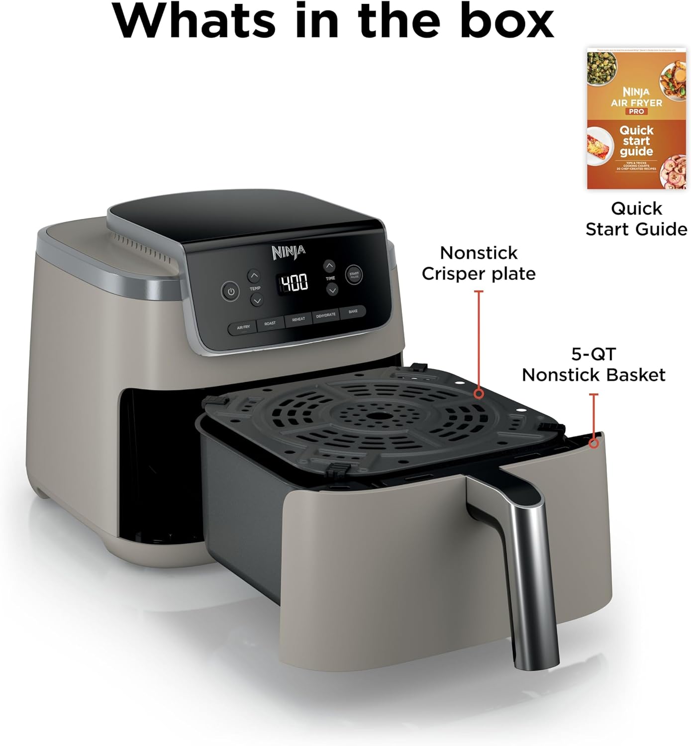 Ninja Air Fryer Pro 5-in-1 | 5 QT Capacity, Air Fry, Bake, Roast, Reheat, and Dehydrate, Air Crisp Technology | Nonstick Basket & Crisper Plate | Stone | AF142SD