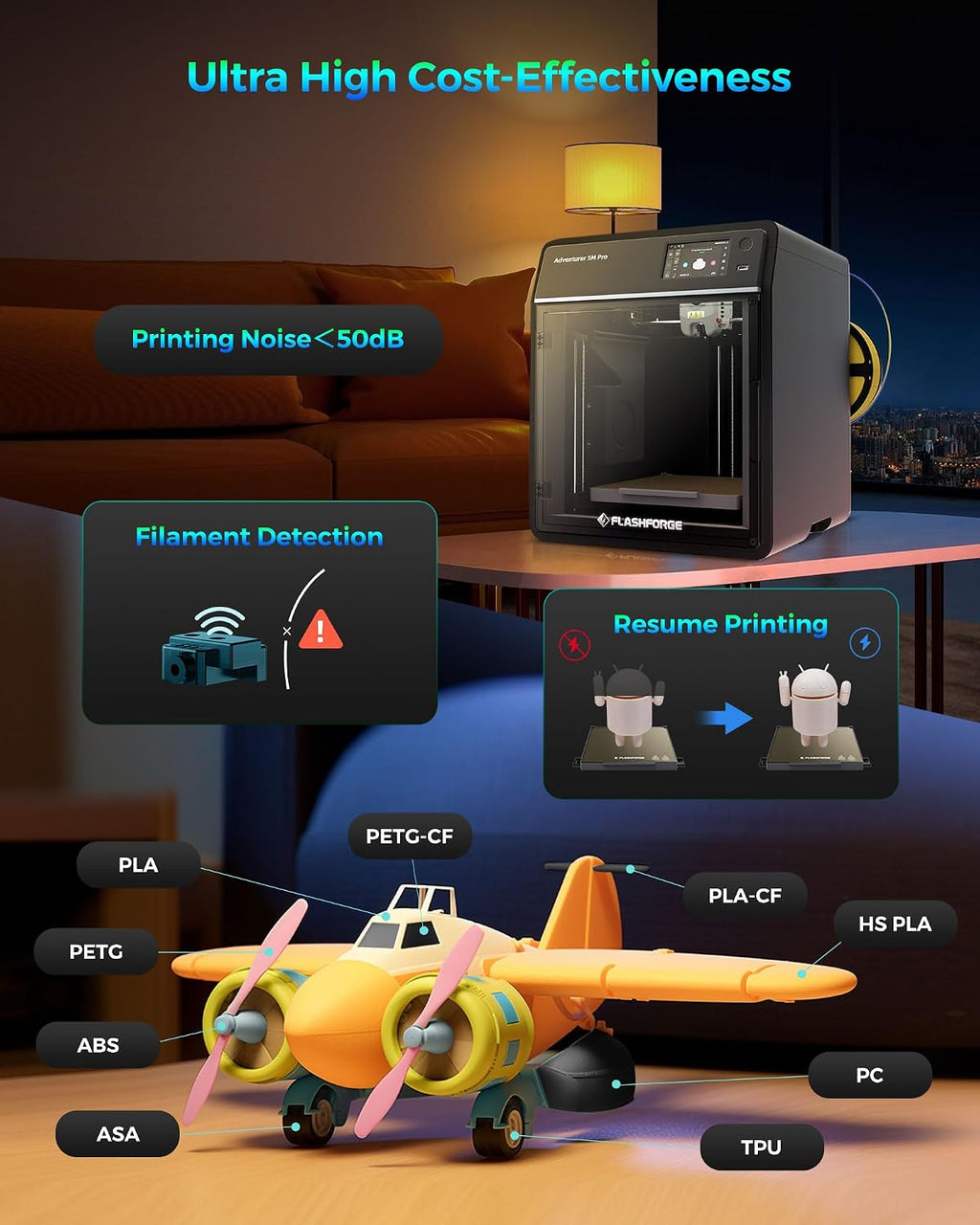 FLASHFORGE Adventurer 5M Pro 3D Printer, 600mm/s Max High-Speed 3D Printers with Auto Leveling, Dual Filtration System, Remote Monitoring, Quick Detachable Nozzle,Effective Cooling, Automatic Shutdown