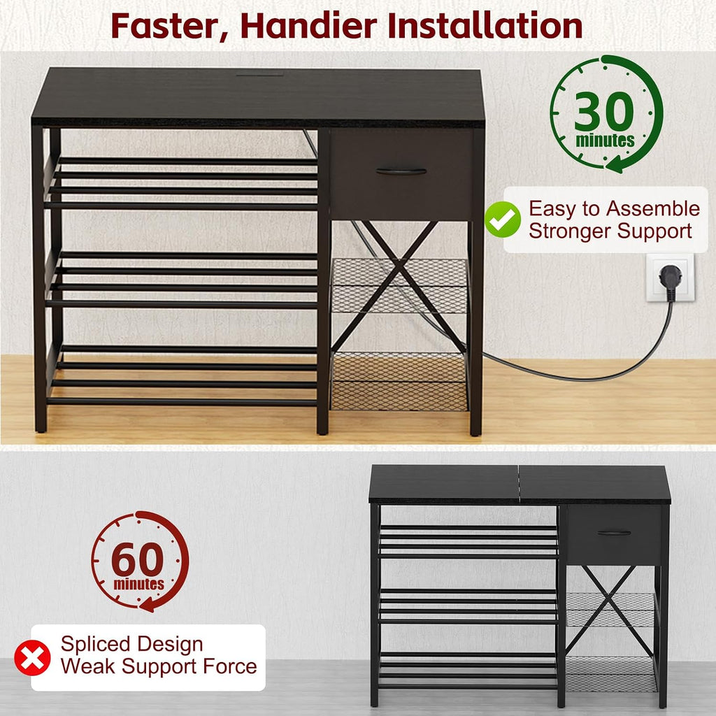 3D Printer Stand with Filament Storage Rack, Black 3D Printer Table with Power Outlet, 3-Tier Filament Holder with Drawer, 3D Printer Filament Stand Organized for Office Workshop Studio