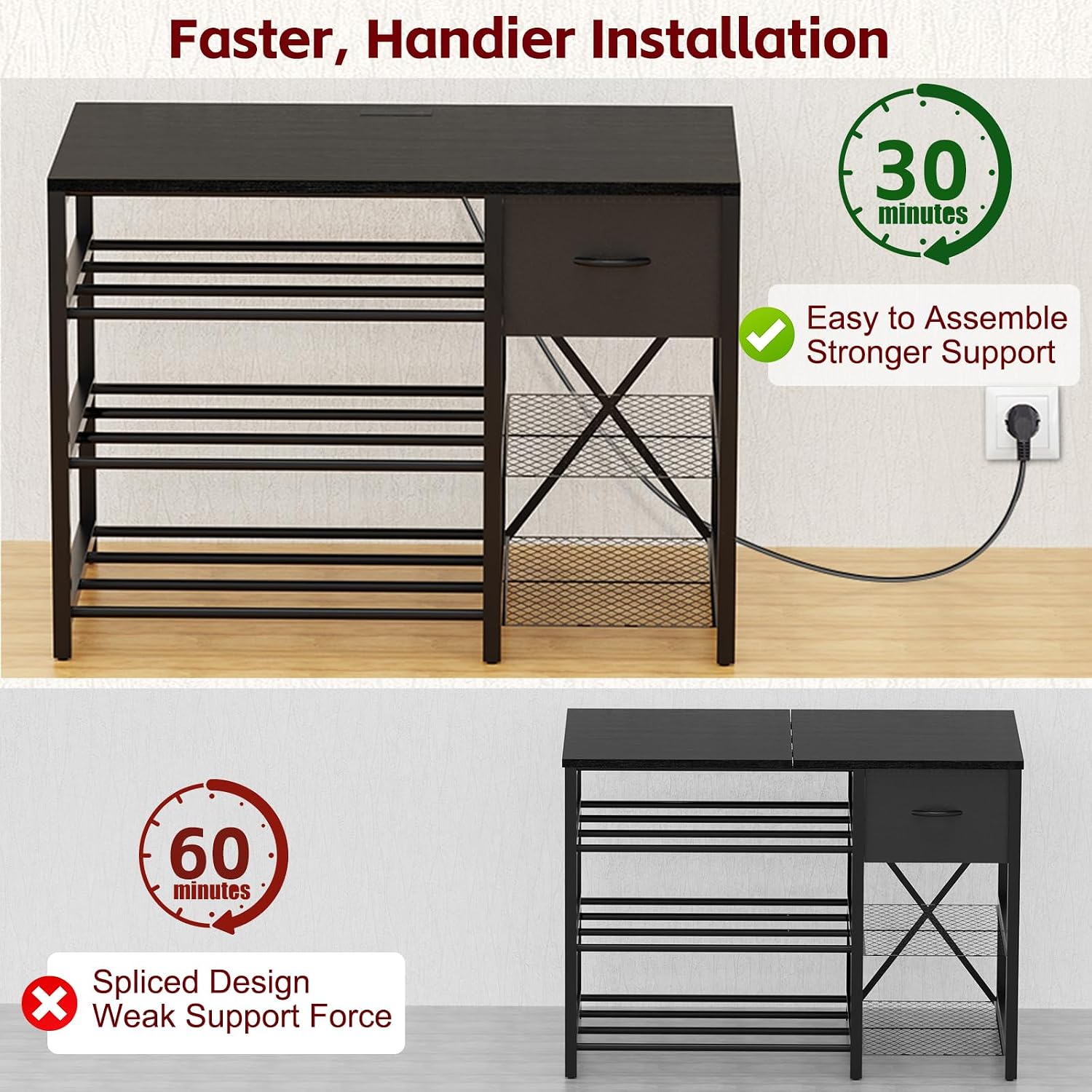 3D Printer Stand with Filament Storage Rack, Black 3D Printer Table with Power Outlet, 3-Tier Filament Holder with Drawer, 3D Printer Filament Stand Organized for Office Workshop Studio