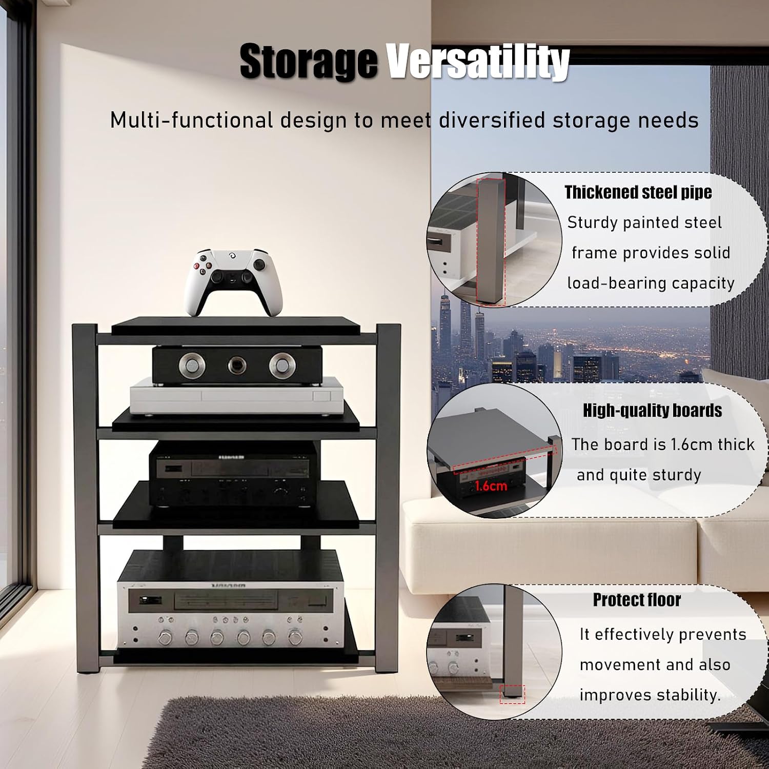 Heavy Duty Audio Rack Tower, Av Media Player Stand with Wooden Shelves, Black Cd Stereo Equipment Cabinet, Suitable for Home,Office/Audio Video/Theate (Black, 3 Tier)