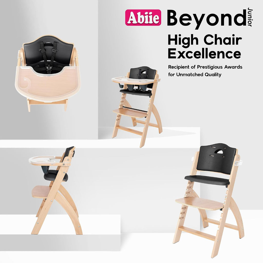 Abiie Beyond Junior Wooden High Chair for Babies and Toddlers - Convertible 3-in-1 Baby Highchair with Removable Tray - 6 Months to 250 Lb - Water Resistant - Natural Wood/Black Pearl Cushion