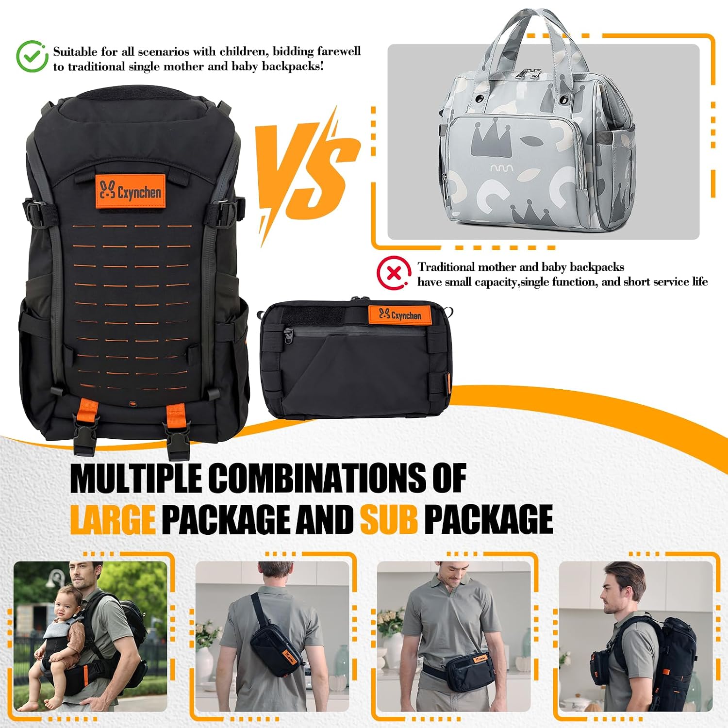 C1-All in 1 Modular Baby Backpack Carrier, Toddler Hiking Backpack with Convertible Baby Carrier & Hip Seat & Chest Bag, Easy to Wear & Switch, 500D Tactical Fabric Carrier for Hiking