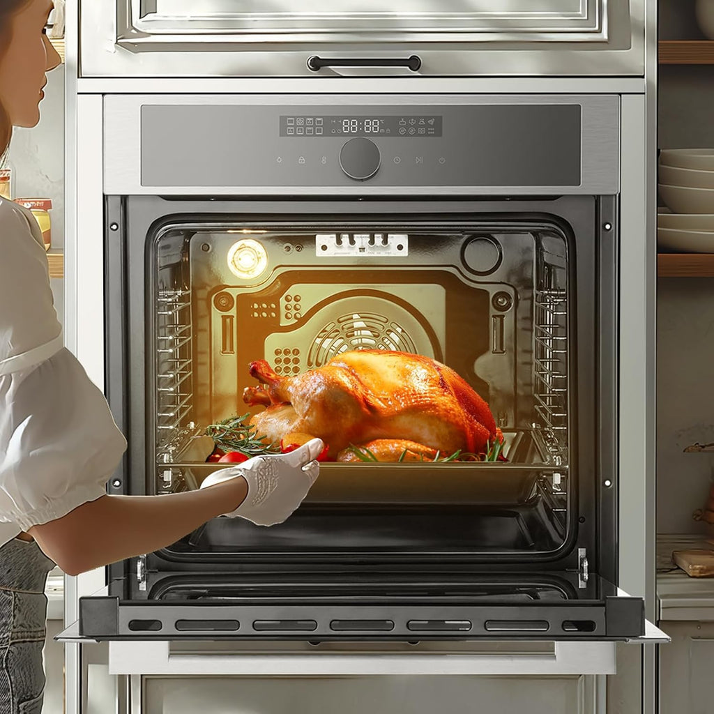 VEVOR Single Wall Oven, 24' Electric Built-in Wall Oven with 16 Cooking Functions, 2.68 Cu.Ft Electric Wall Ovens with Timer, 3150W 76L Large Capacity Ovens with Baking Rack and Tray, for Kitchen