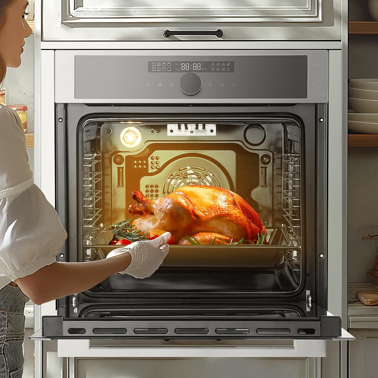 VEVOR Single Wall Oven, 24' Electric Built-in Wall Oven with 16 Cooking Functions, 2.68 Cu.Ft Electric Wall Ovens with Timer, 3150W 76L Large Capacity Ovens with Baking Rack and Tray, for Kitchen