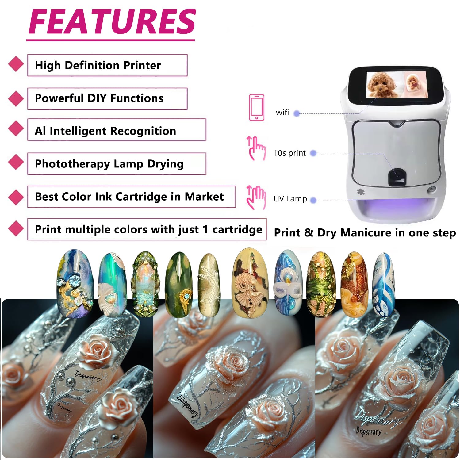 Electric Mini Nail Art Printer, 4800dpi APP Control Nail Printing, Automatically Recognize Nail Shape,Fast Drawing in 10S,for Girls' Home Nails,Weddings,Nail Art Studio