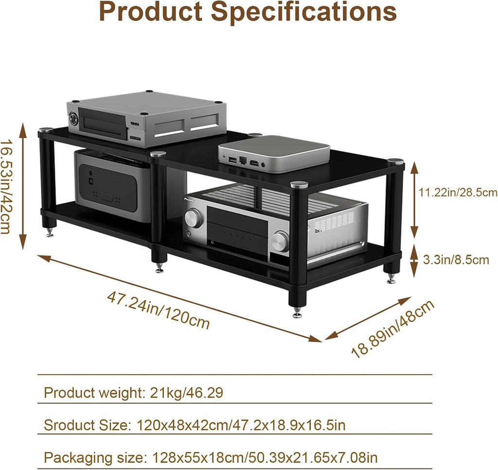 2 Tier Long AV Media Stand, Stereo Racks and Stands with Speaker Spikes, Components Cabinet Home Theatre CD Record Player Receiver Equipment Rack (Black, 2-Tier)