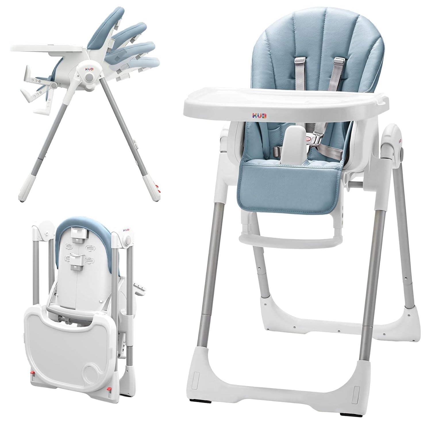 KÜB 3-in-1 Foldable Baby High Chair | Multifunctional Infant High Chairs for Babies and Toddlers | Removable Seat & Tray for Easy Clean | 7 Height & 4 Recline Adjustable | 2 Locking Wheels(Blue)