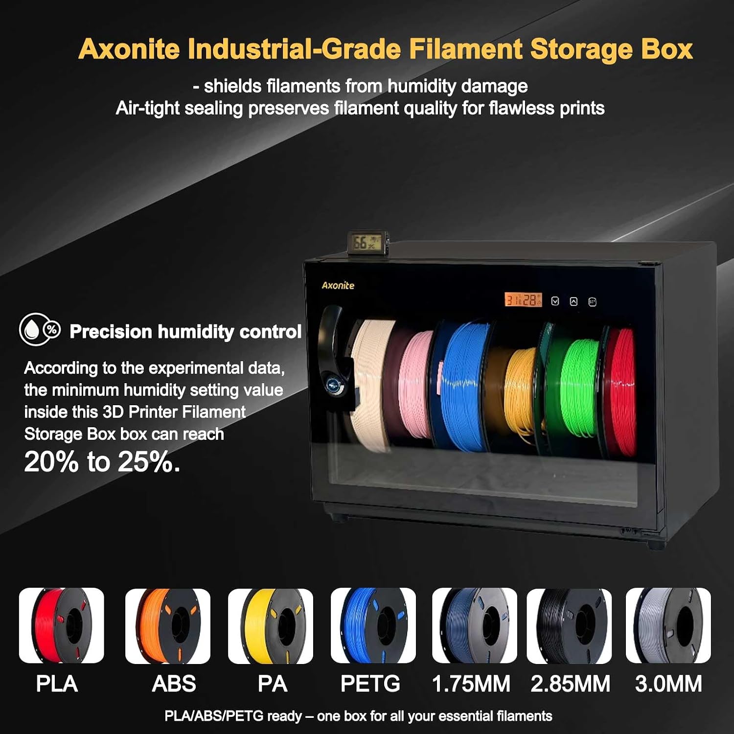 3D Printer Filament Storage Box, 6 Spool Capacity, Air Tight Dry Box with Humidity Control (20%-25% RH), Transparent Glass & Aluminum Alloy, Noiseless & Stackable Design for PLA/ABS/PETG