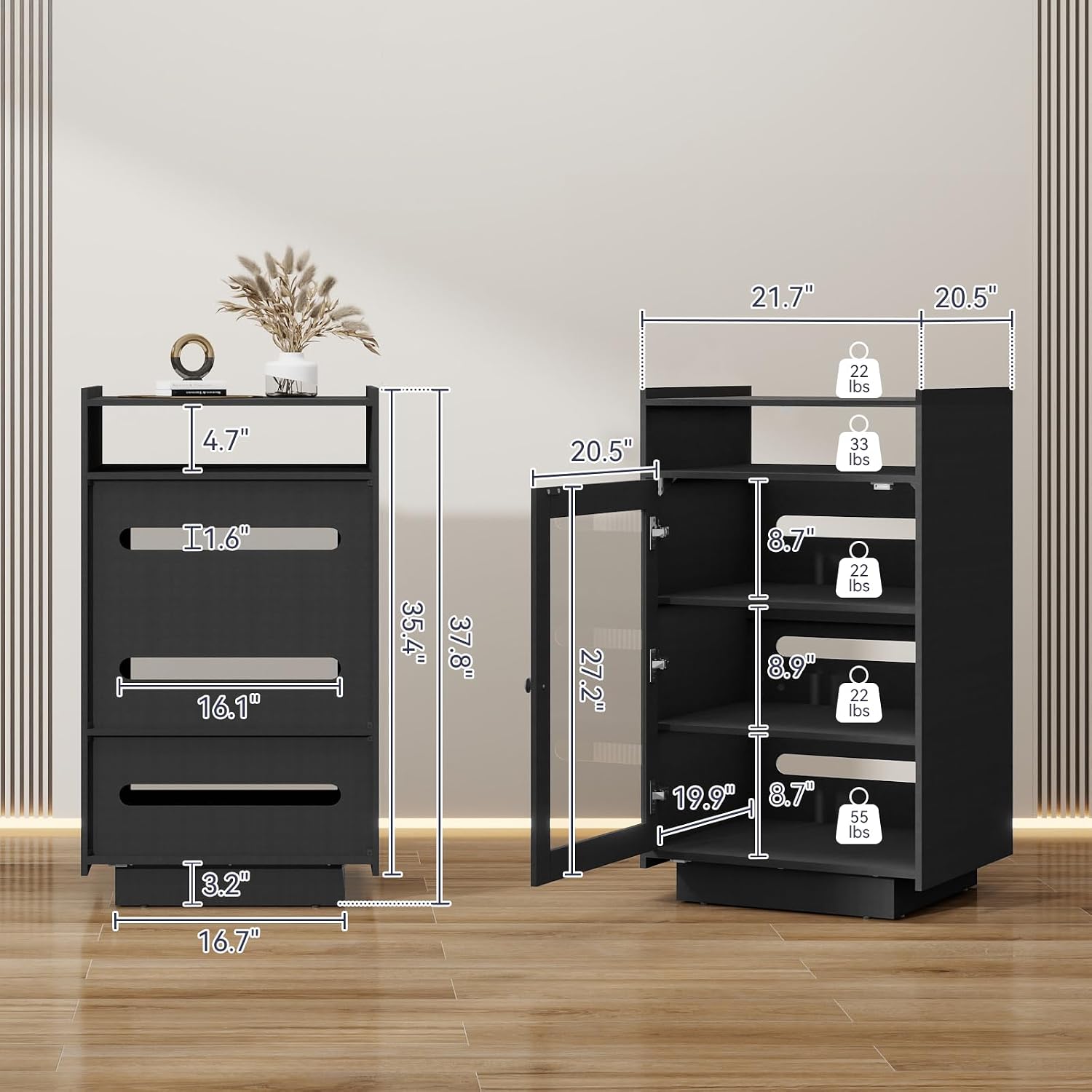ELECWISH Media Cabinet with Tempered Glass Door, 5-Tier Stereo Cabinet with Adjustable Shelf, Media Stand with LED Light, AV Rack with Cable Management