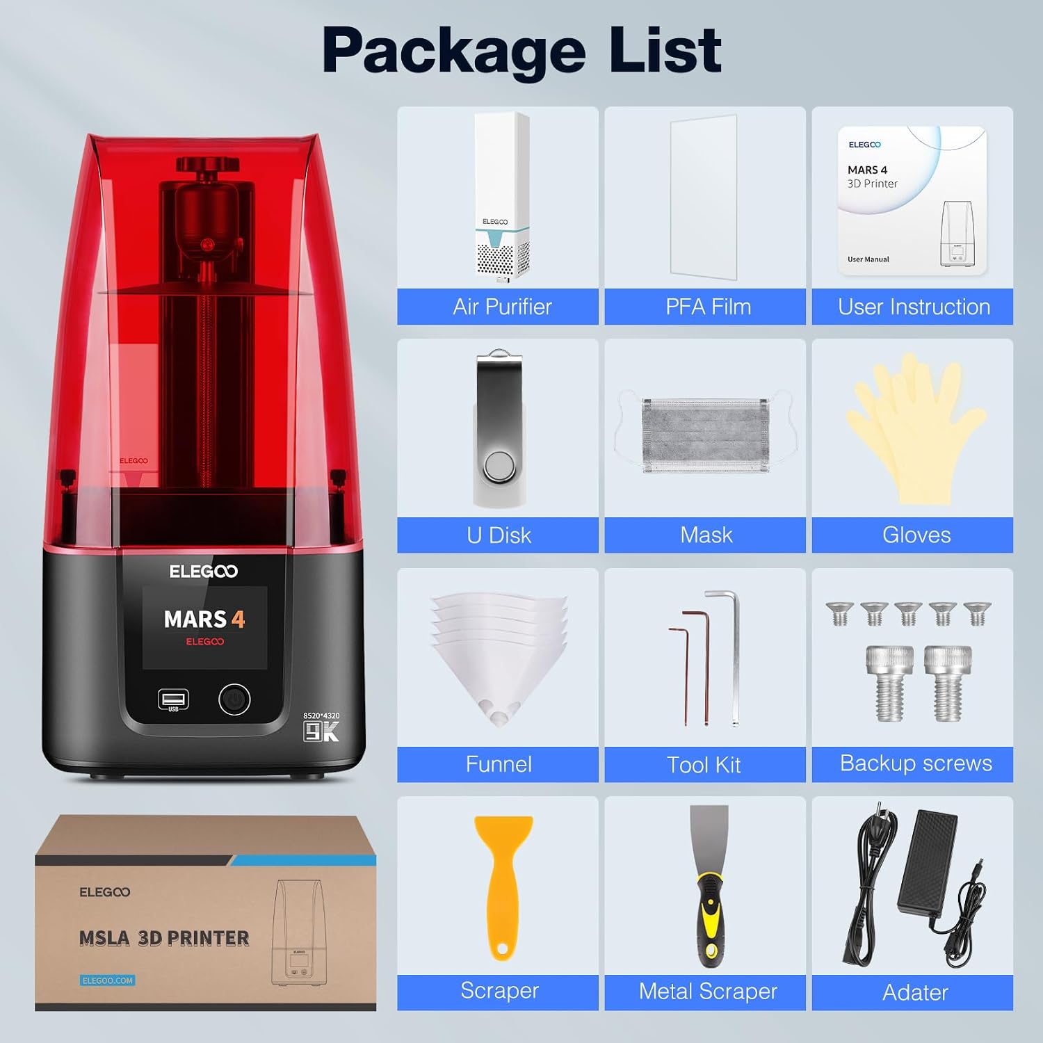 ELEGOO Mars 4 Resin 3D Printer with 7' 9K Monochrome LCD Screen COB UV Light Source and Screen Protector Printing Size 153.36mm*77.76mm*175mm