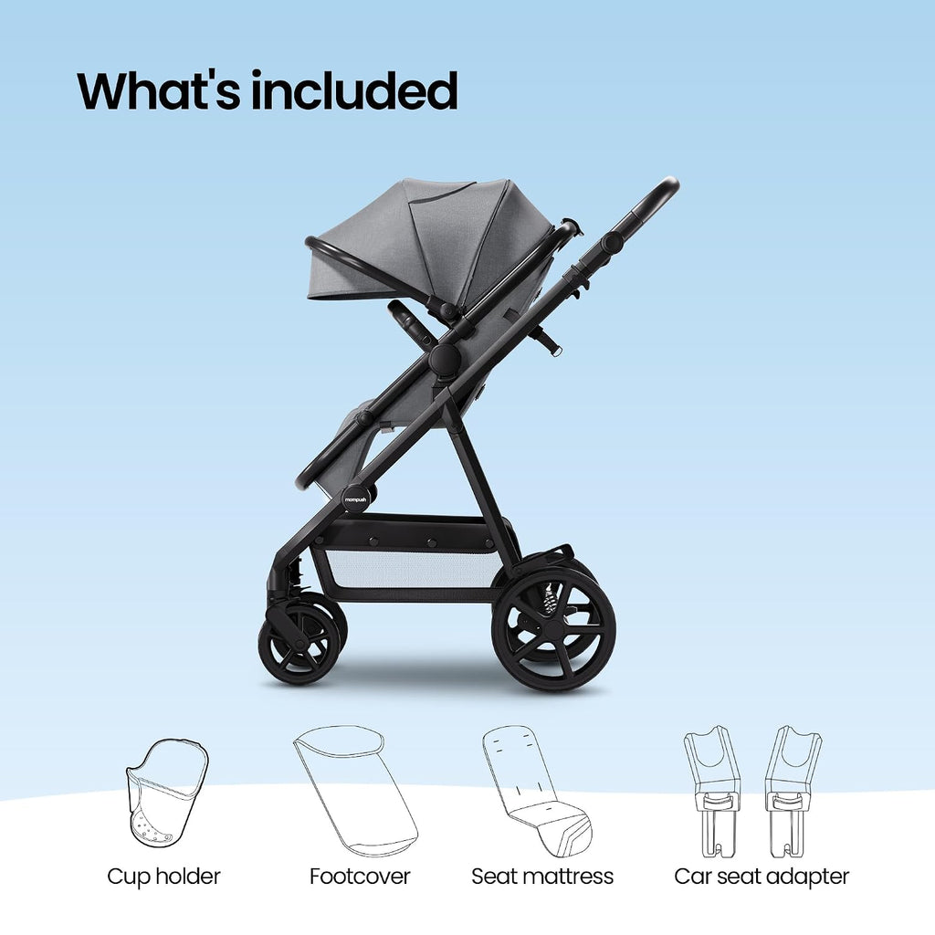 Mompush Meteor2 Baby Stroller 2-in-1 with Newborn Mode, Large Shock-Absorbing Wheels, Car Seat Adapter Included Full-Size Infant & Toddler Stroller for All-Terrain Family Outings