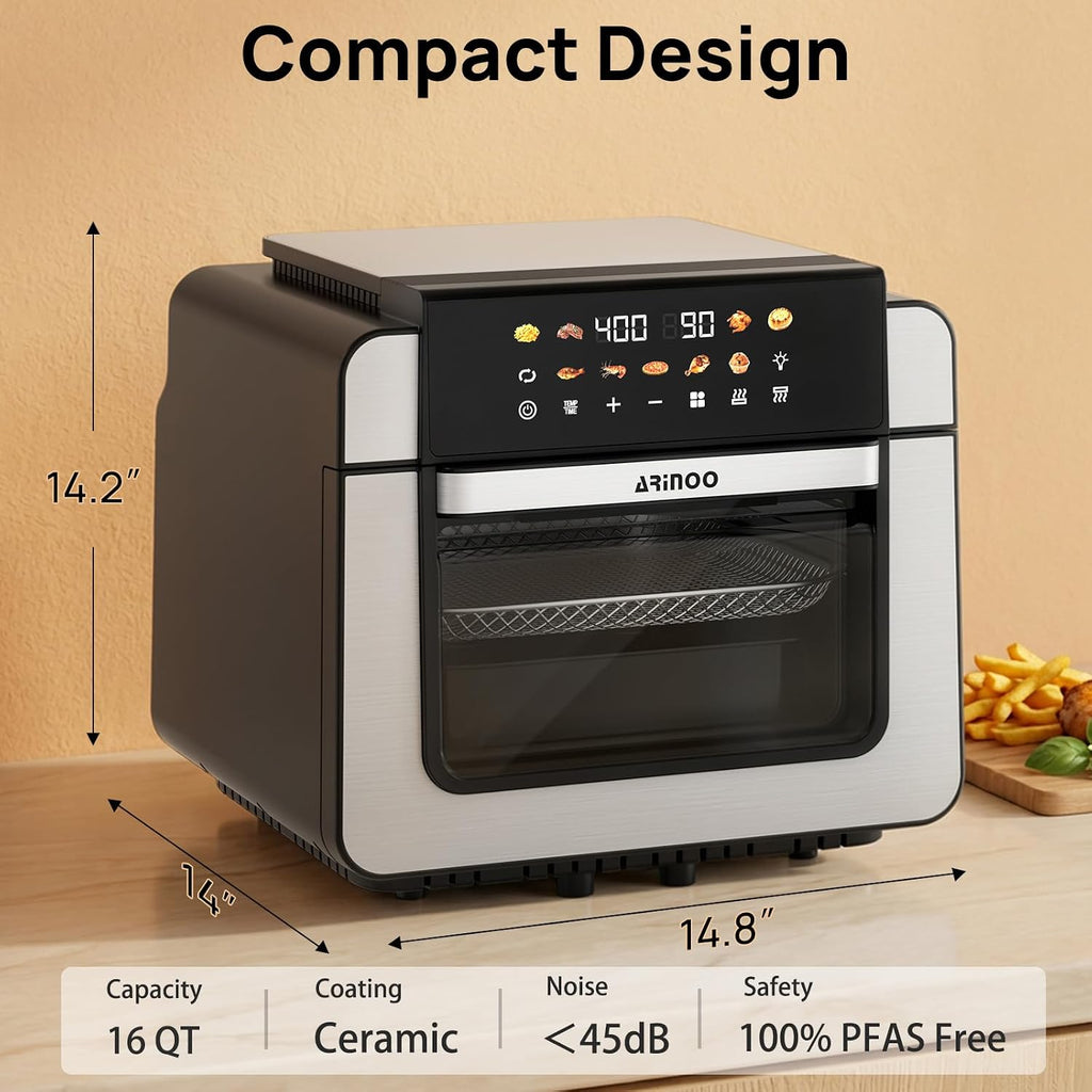 16 Qt Air Fryer Toaster Oven Combo with PFAS-Free Ceramic Coating and Viewing Window, XL 9-In-1 Convection Oven, Top 1700W Bottom 1500W, 180°F-400°F, Bake Dehydrate, Nonstick Tray, Black