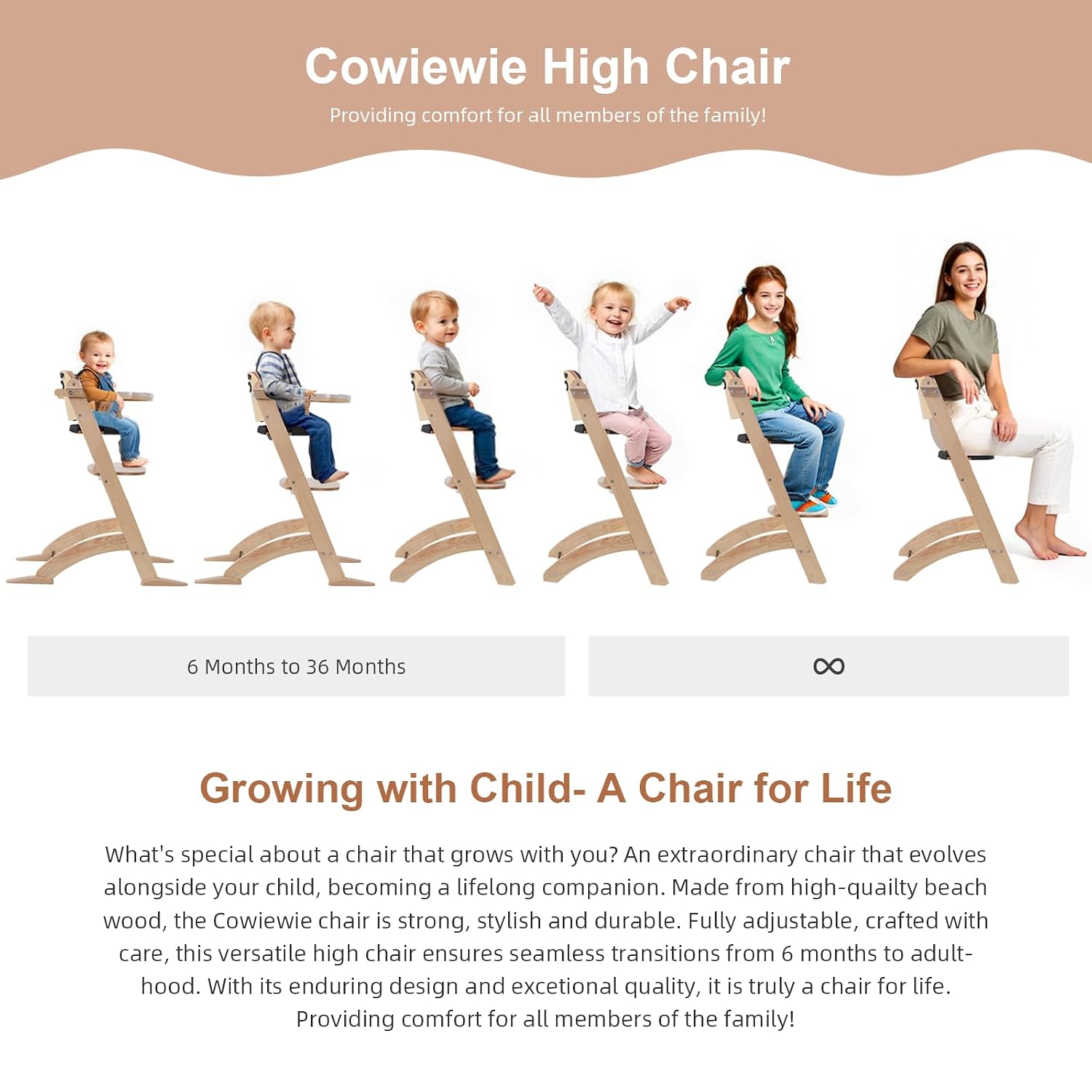 Cowiewie New Upgrade 3-in-1 Convertible Wooden High Chair for Babies & Toddlers 10 Levels Adjustable 3-Tier Remove 2 Waterproof Cozy Cushions Black