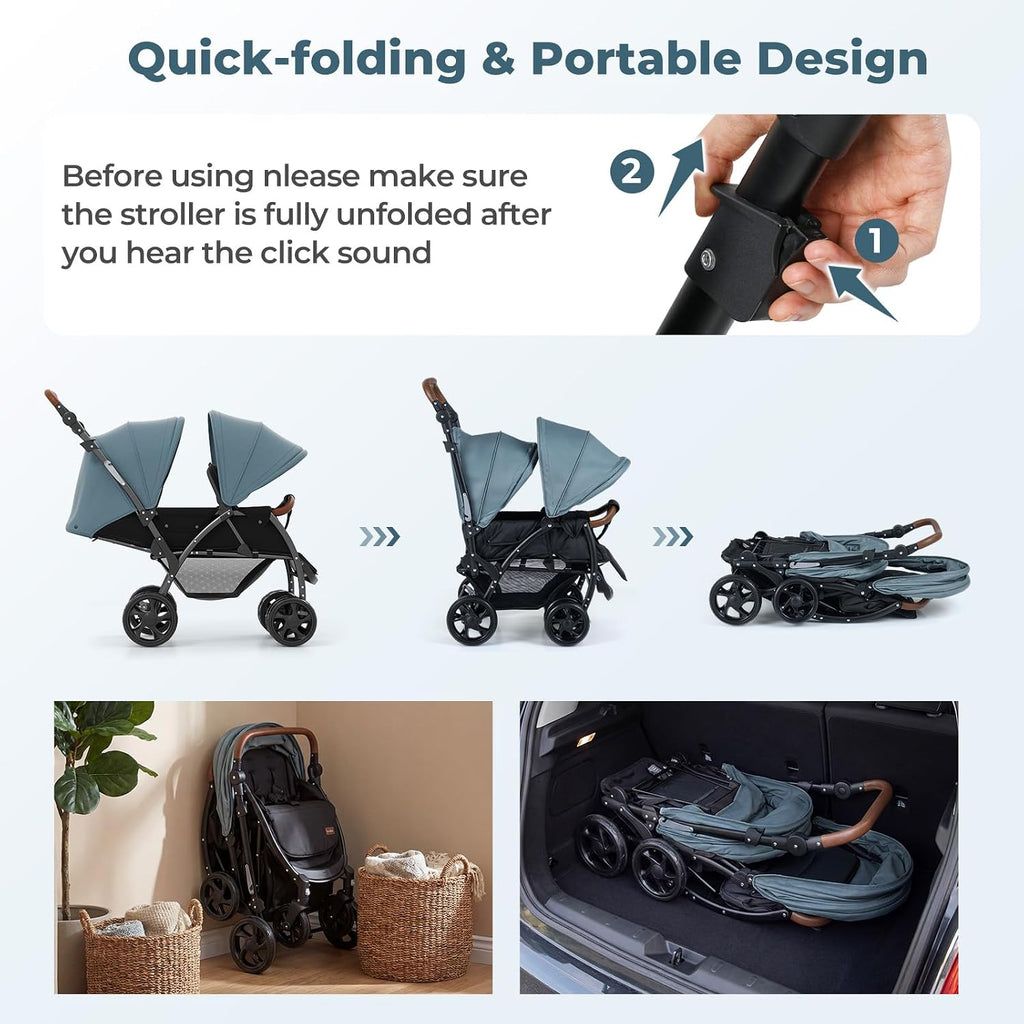 INFANS Double Stroller, Foldable Baby Tandem Stroller with Djustable Backrest Canopy Footrest, 5-Point Harness, Storage Basket, Convertible Compact Twin Stroller for Infants and Toddlers (Sage)