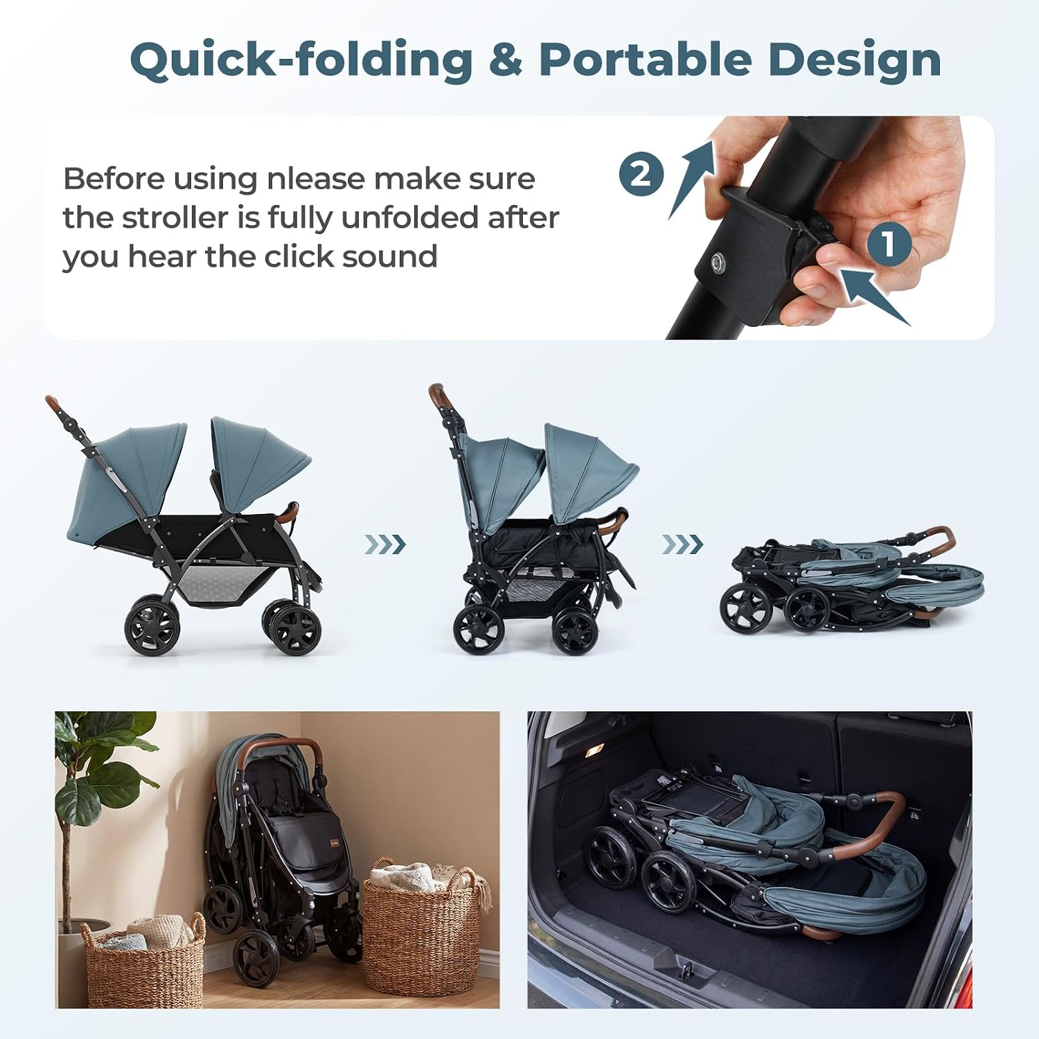 INFANS Double Stroller, Foldable Baby Tandem Stroller with Djustable Backrest Canopy Footrest, 5-Point Harness, Storage Basket, Convertible Compact Twin Stroller for Infants and Toddlers (Sage)