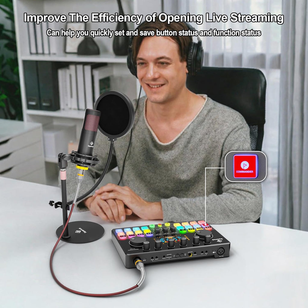 Podcast Equipment Bundle for 2 with Dual 48V XLR Condenser Micophones with Mic Pop Filters Audio Equipment for Live Streaming/Recording, Online Gaming for Phone/Laptop/PC Audio Interface M100